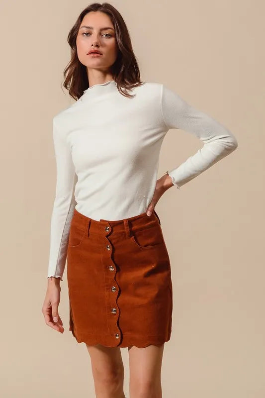 SO ME Scallop Buttoned Front Corduroy Mini Skirt