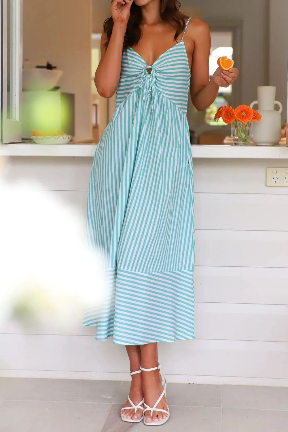 Smocked Back Striped Sleeveless Midi Cami Dress
