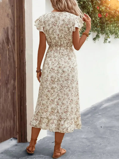 Ruffled Floral V-Neck Cap Sleeve Dress