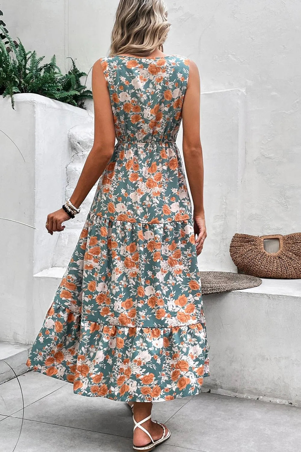 Floral Print Trimmed V Neck Tie Waist Sleeveless Dress