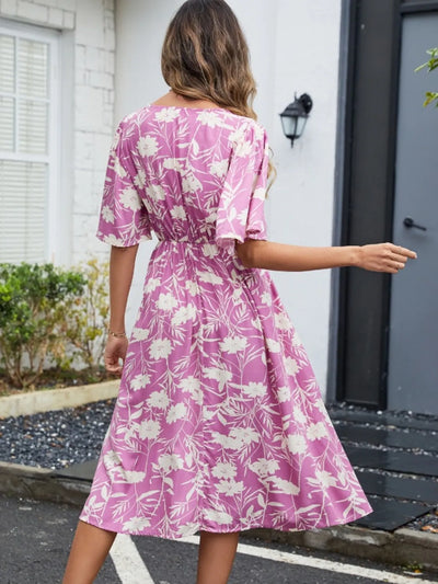 Printed V-Neck Flutter Sleeve Dress