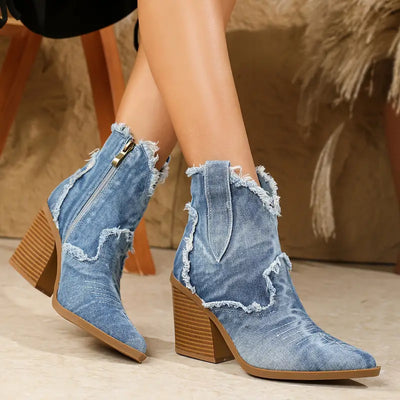 Heidi-Mode | Retro Denim Ankleboots Mit Reißverschluss