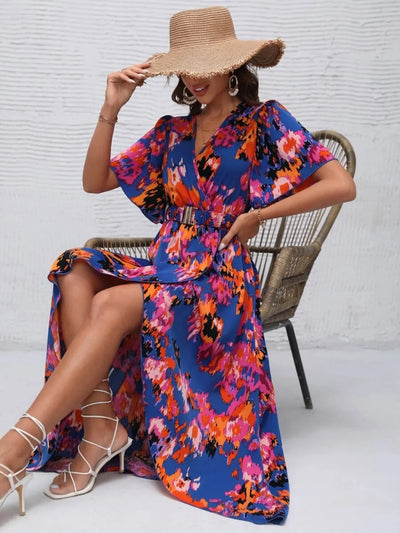 Printed Surplice Short Sleeve Maxi Dress
