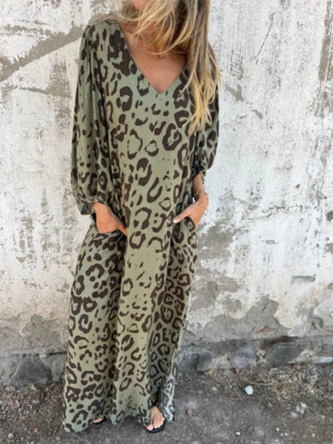 Full Size Printed V-Neck Dress with Pockets Plus Size