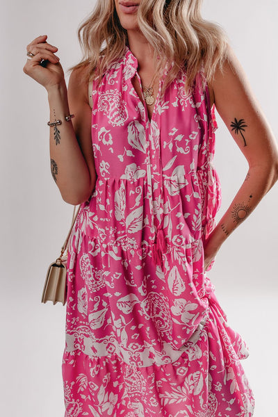 Floral Sleeveless Tasseled Tie Neck Tiered Midi Dress
