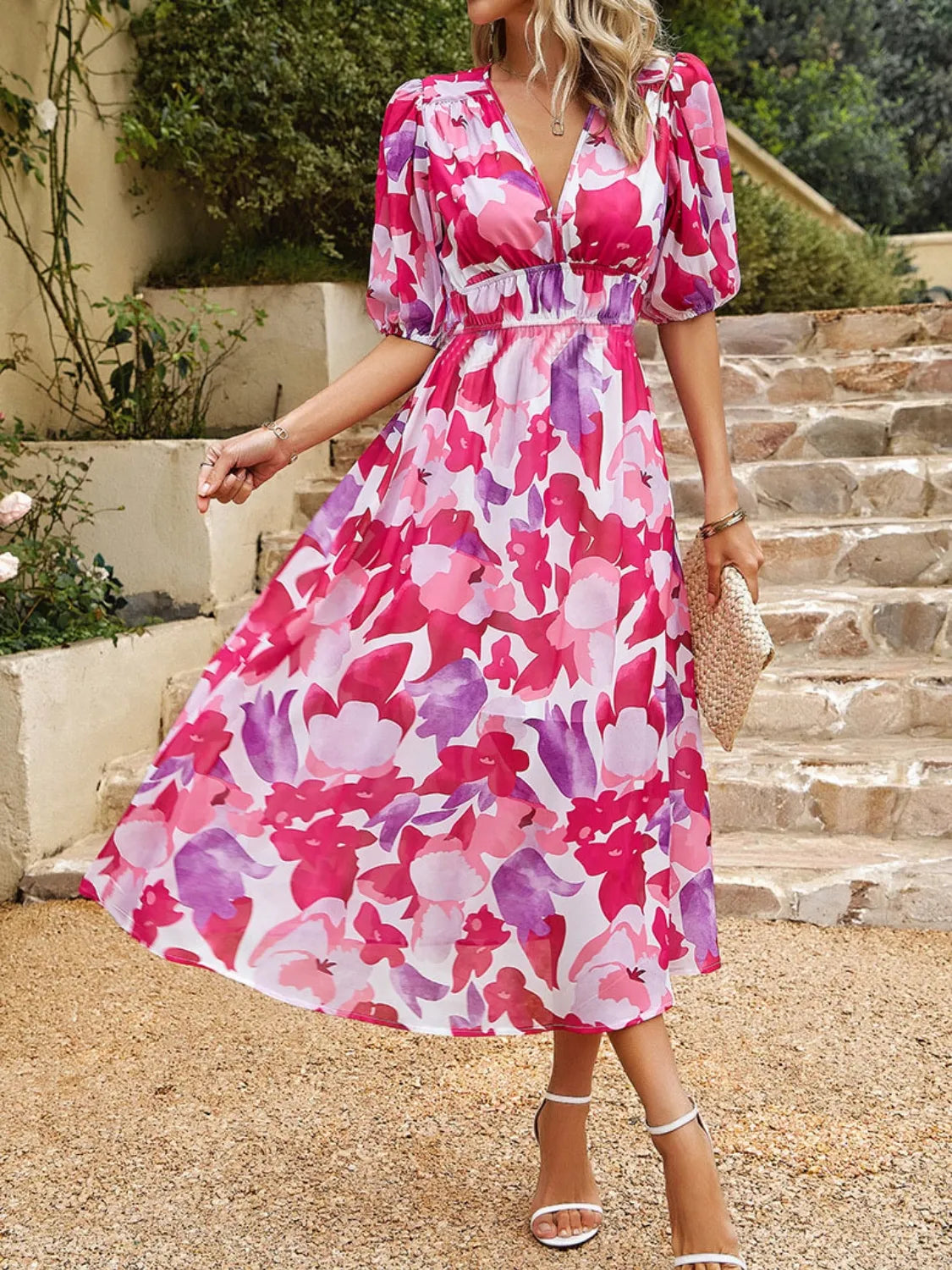 Printed Puff Sleeve Midi Dress