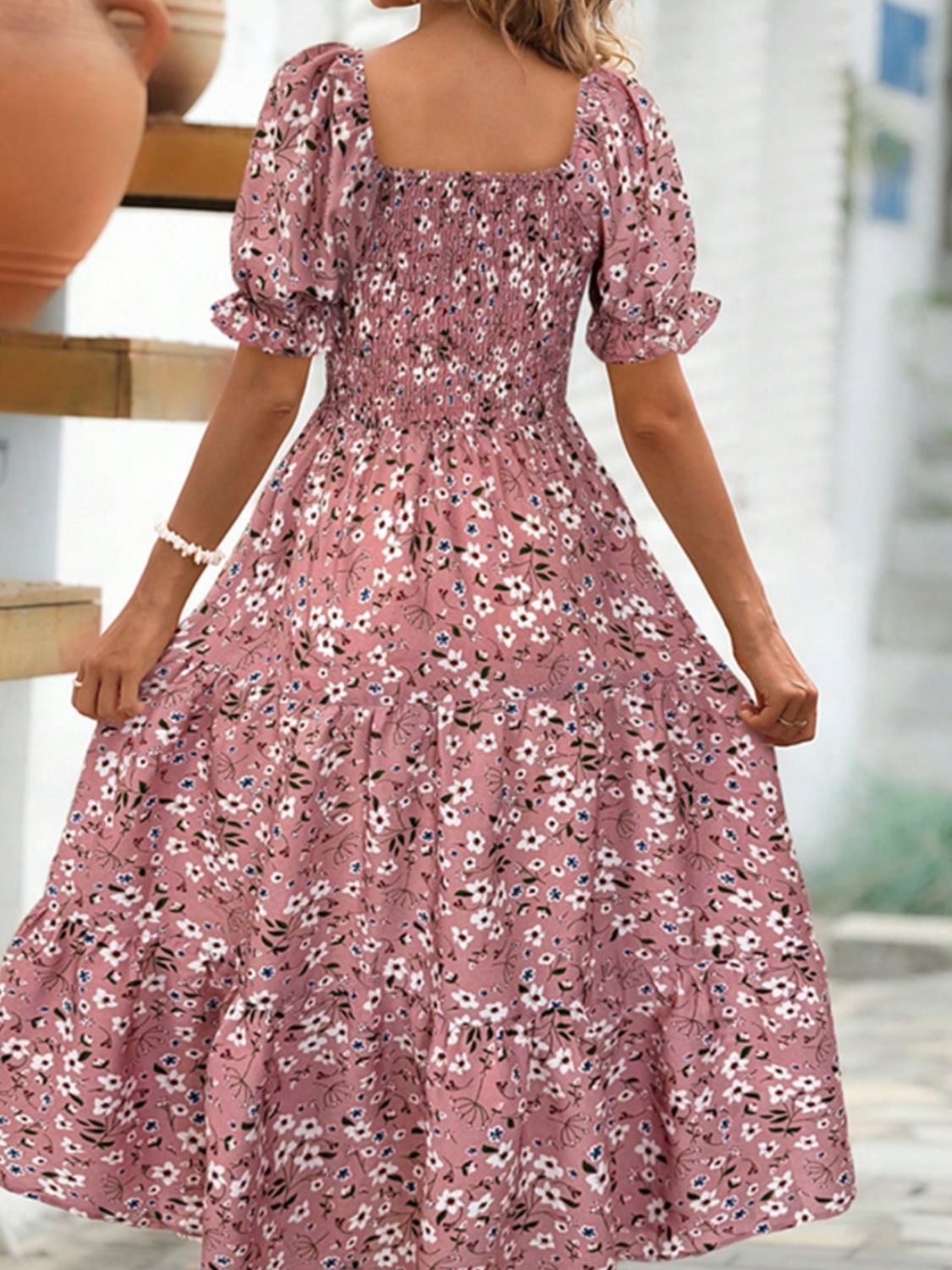 Floral Square Neck Short Sleeve Tiered Dress