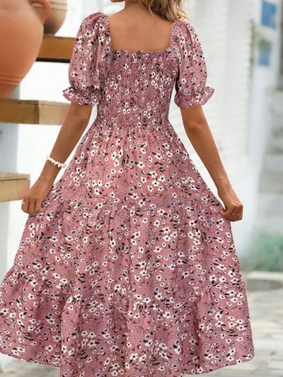 Floral Square Neck Short Sleeve Tiered Dress