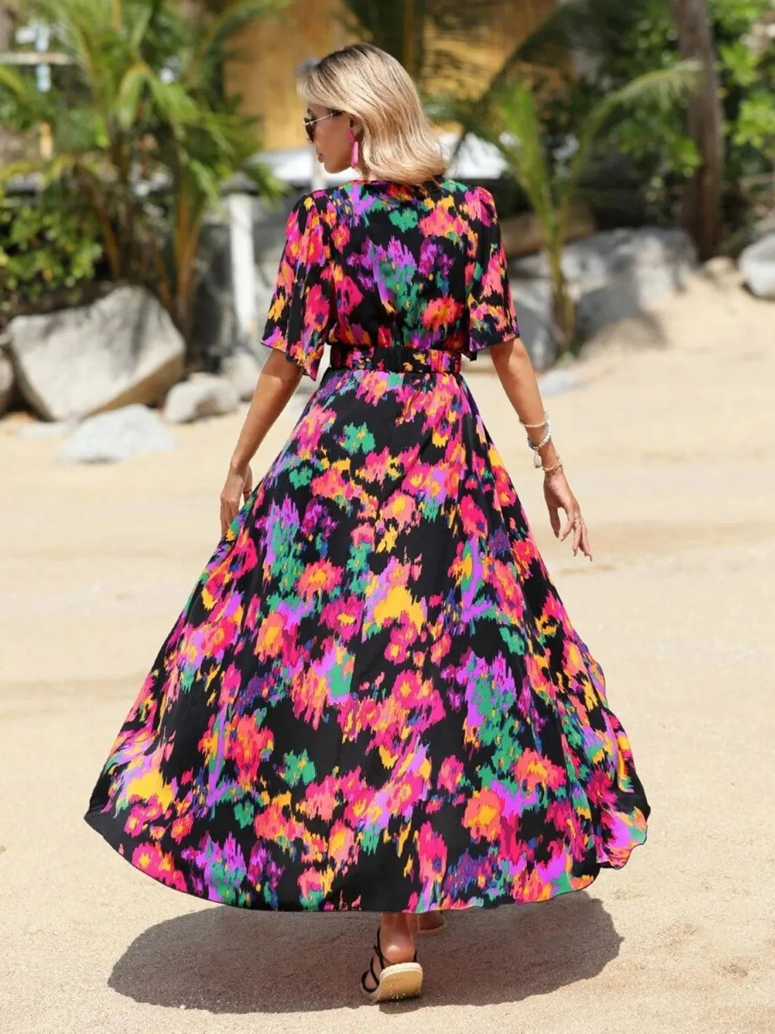 Printed Surplice Short Sleeve Maxi Dress