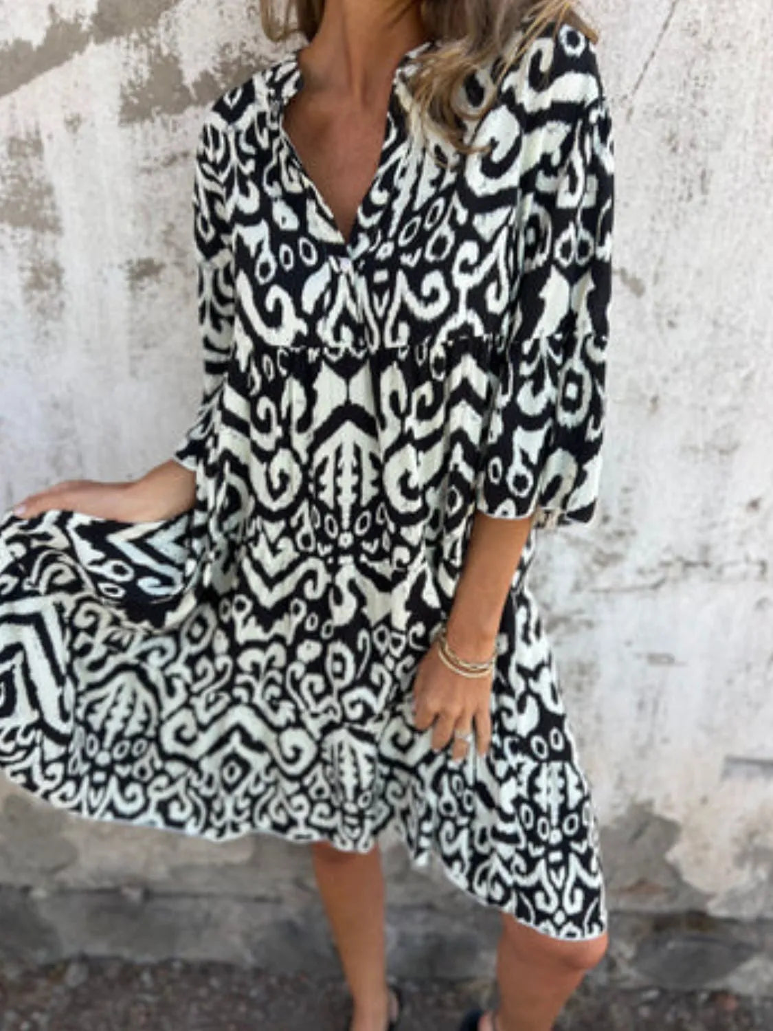 Full Size Printed Notched Half Sleeve Dress Plus Size