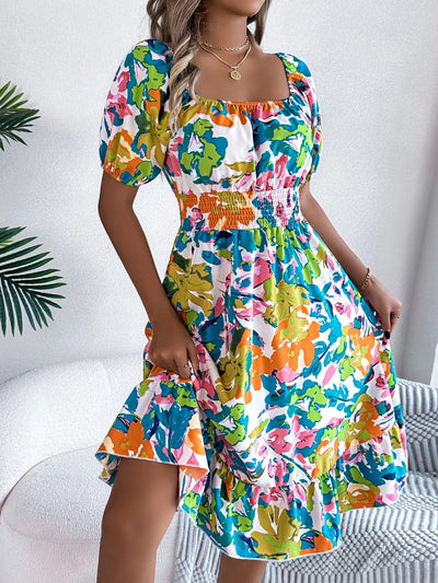 Ruffled Hem Smocked Floral Short Sleeve Midi Dress