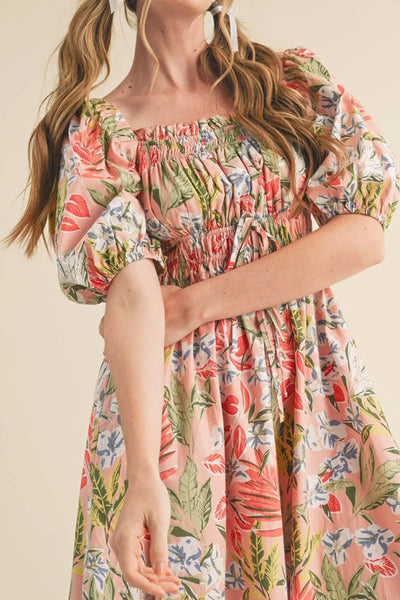 Floral Smocked Square Neck Puff Short Sleeve Midi Dress