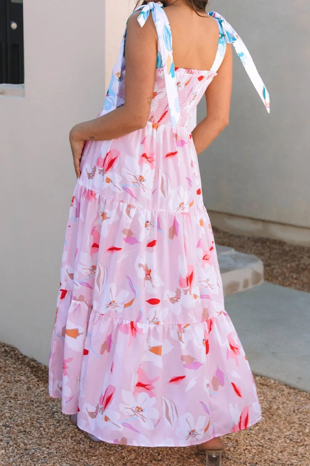 Floral Print Knotted Shoulder Smocked Maxi Dress