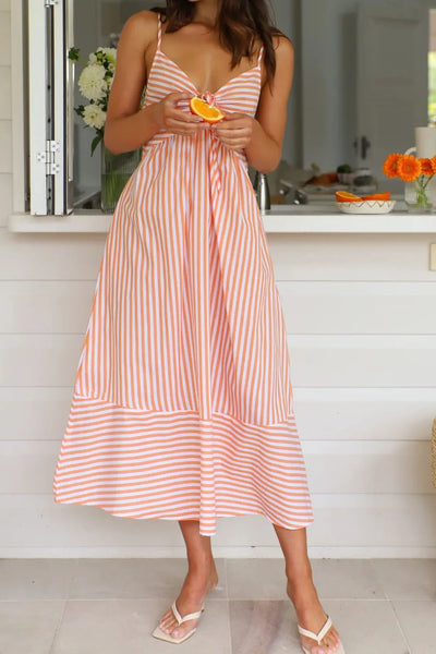 Smocked Back Striped Sleeveless Midi Cami Dress