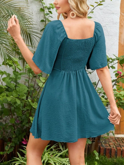 Smocked Back Knotted Flutter Sleeve Dress