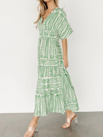 Ruched Printed V-Neck Half Sleeve Midi Dress