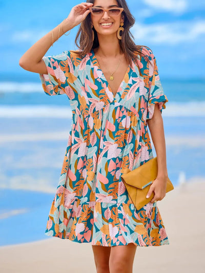 Printed V-Neck Short Sleeve Dress