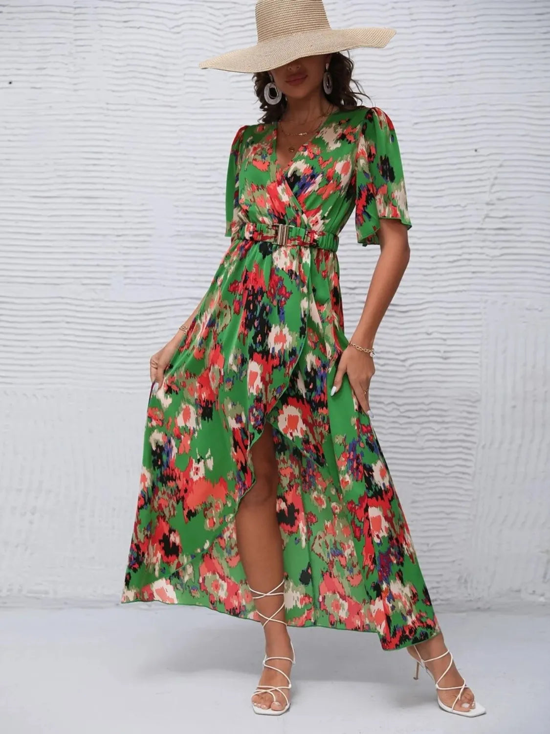 Printed Surplice Short Sleeve Maxi Dress
