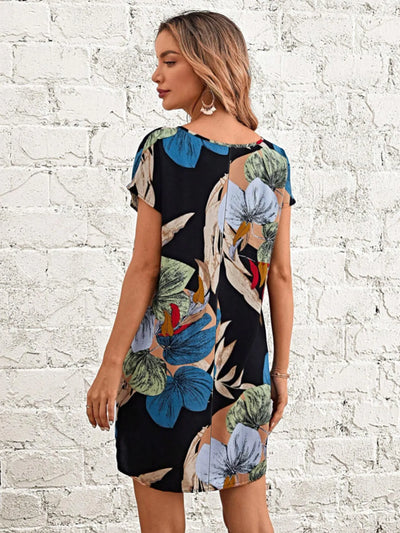 Printed V-Neck Short Sleeve Mini Dress