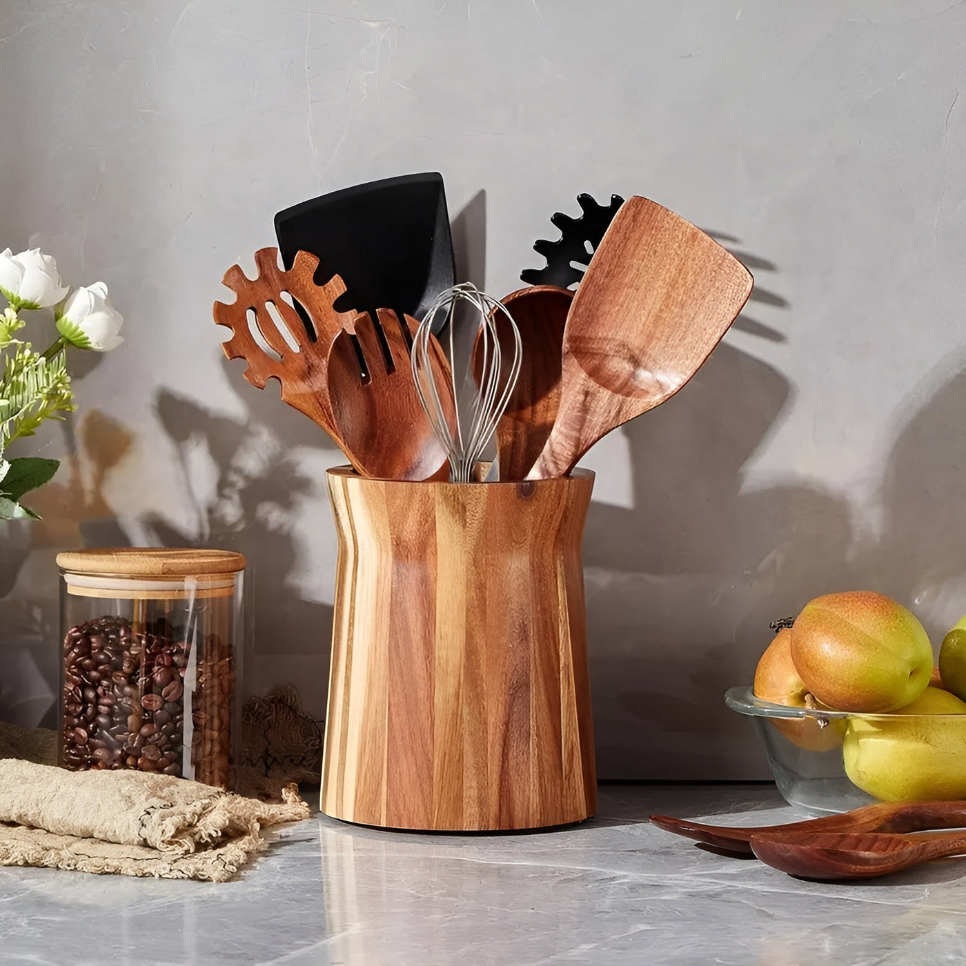 Utensilienhalter aus Akazienholz – Drehbar und Robust | Küchenorganizer im Rustikalen Design