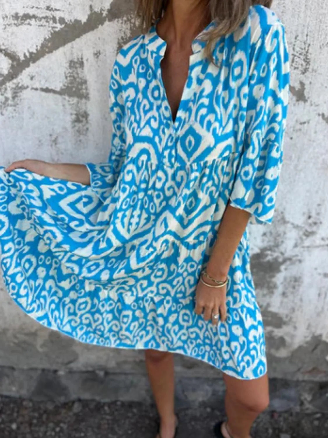 Full Size Printed Notched Half Sleeve Dress Plus Size