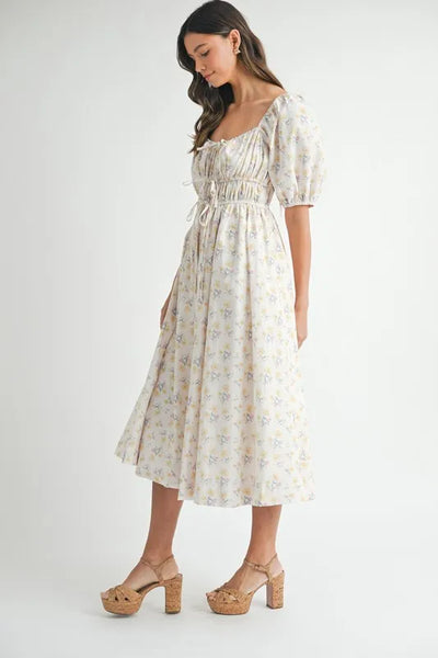 MABLE Floral Drawstring Detail Puff Sleeve Midi Dress