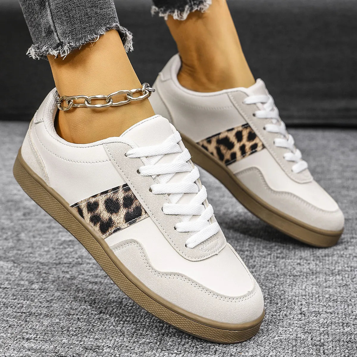 Leopard Lace Up Round Toe Sneakers