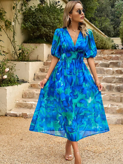 Printed Puff Sleeve Midi Dress