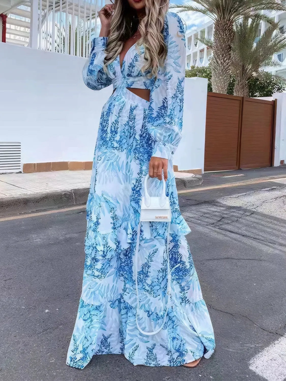 Ruffled Printed Cutout Plunge Maxi Dress