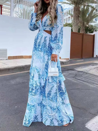 Ruffled Printed Cutout Plunge Maxi Dress