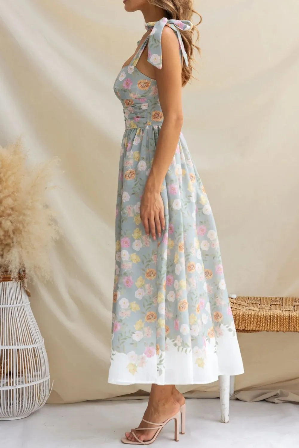 Printed Tie Shoulder Midi Cami Dress