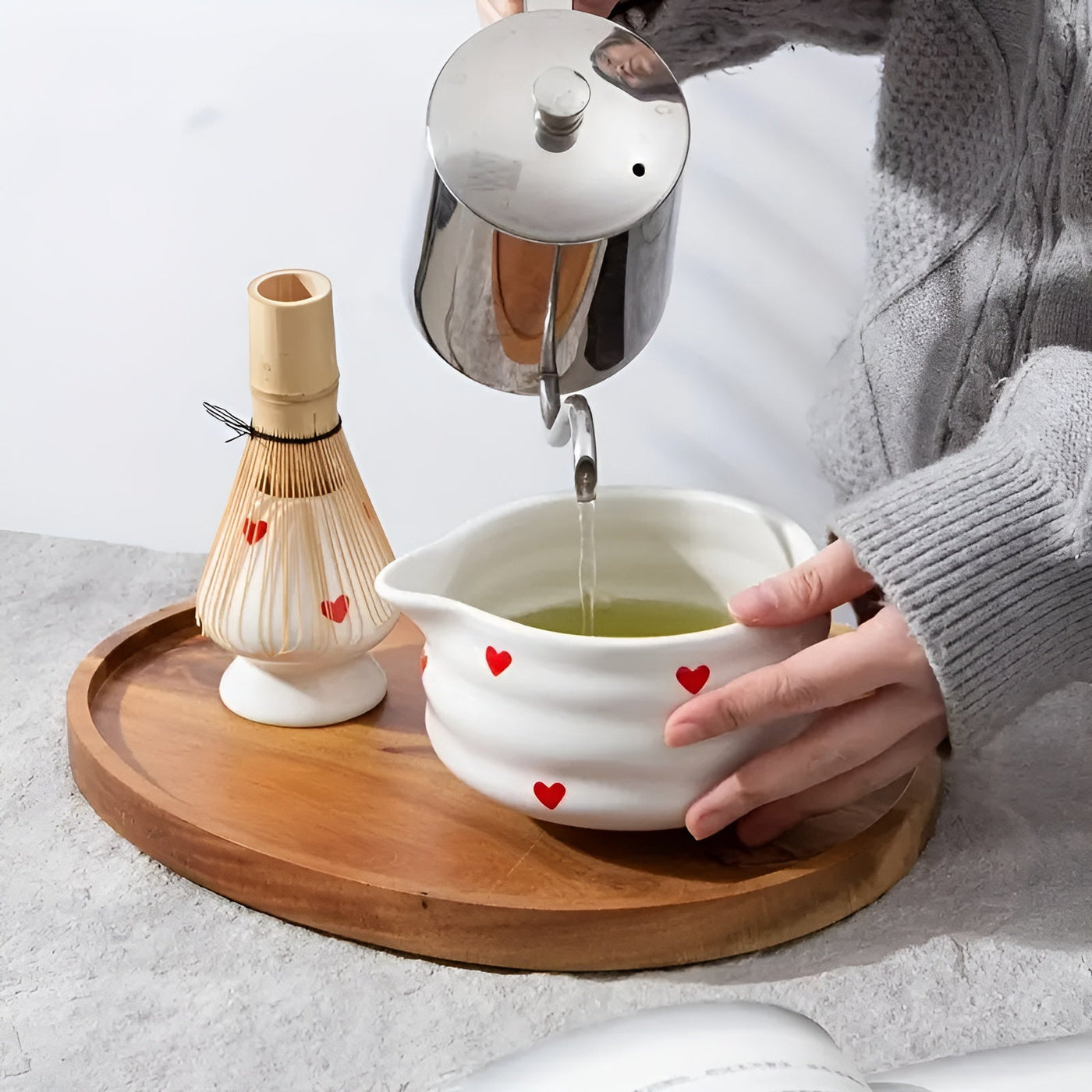 Matcha-Schale mit Herzdesign – 1/3/4/5 Stück Ausgießer & Bambusbesen | Ideal für den Hausgebrauch