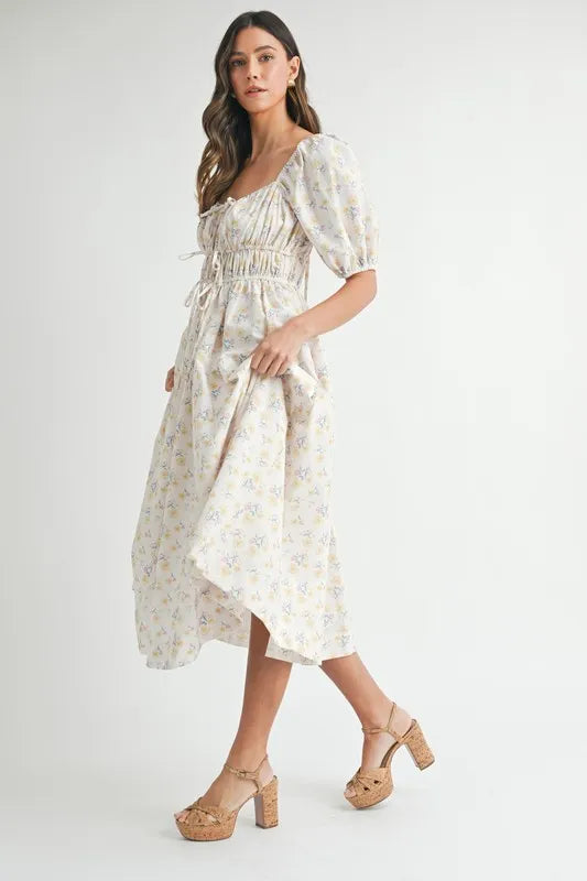 MABLE Floral Drawstring Detail Puff Sleeve Midi Dress