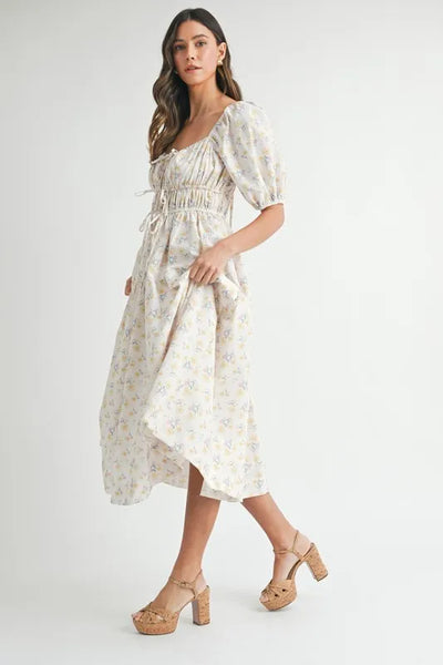 MABLE Floral Drawstring Detail Puff Sleeve Midi Dress