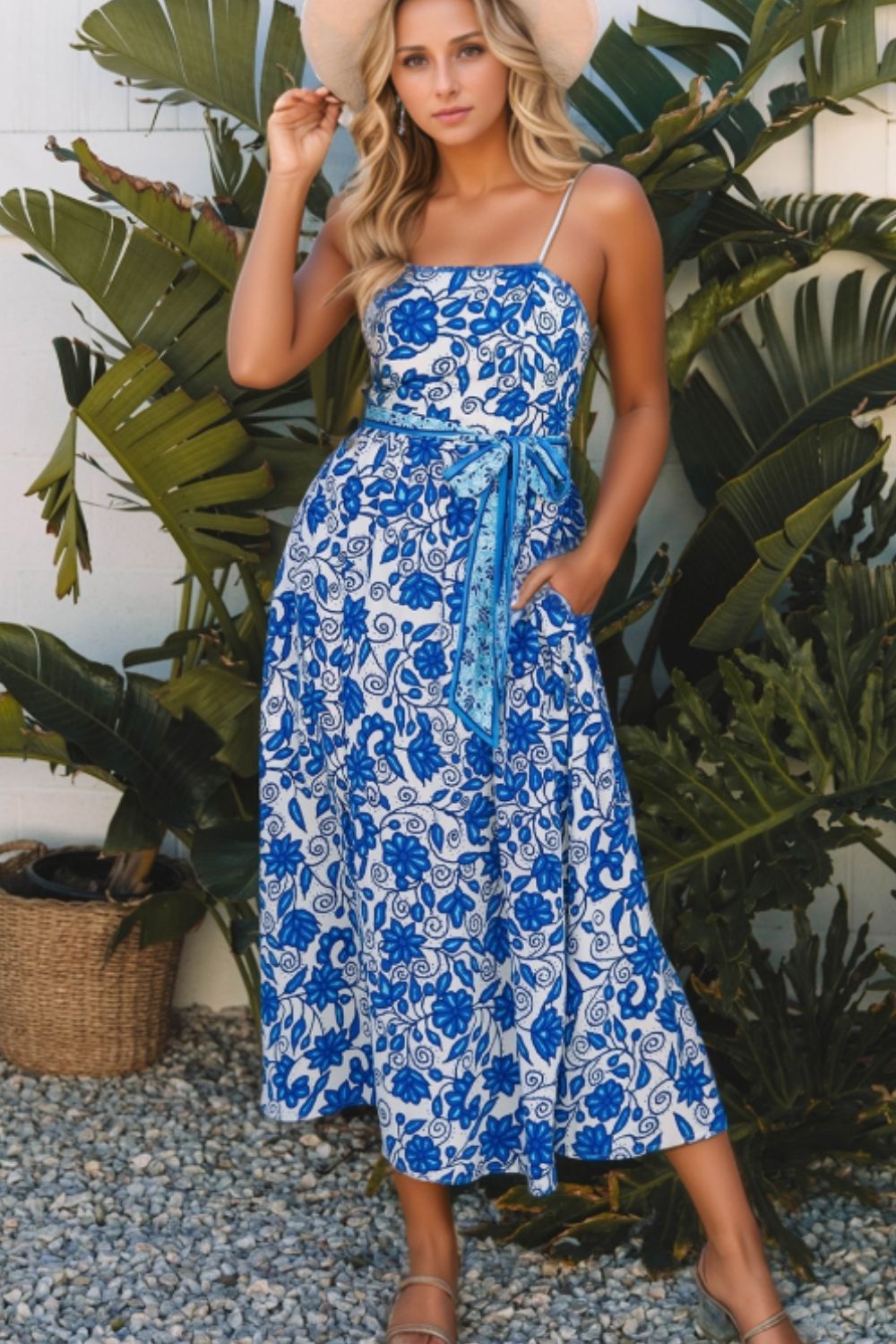 Floral Printed Spaghetti Strap Maxi Dress with Waist Tie