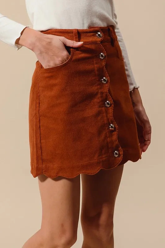 SO ME Scallop Buttoned Front Corduroy Mini Skirt