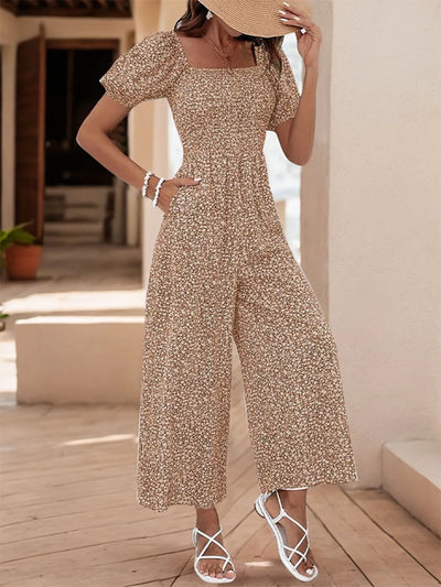 Printed Square Neck Puff Sleeve Jumpsuit