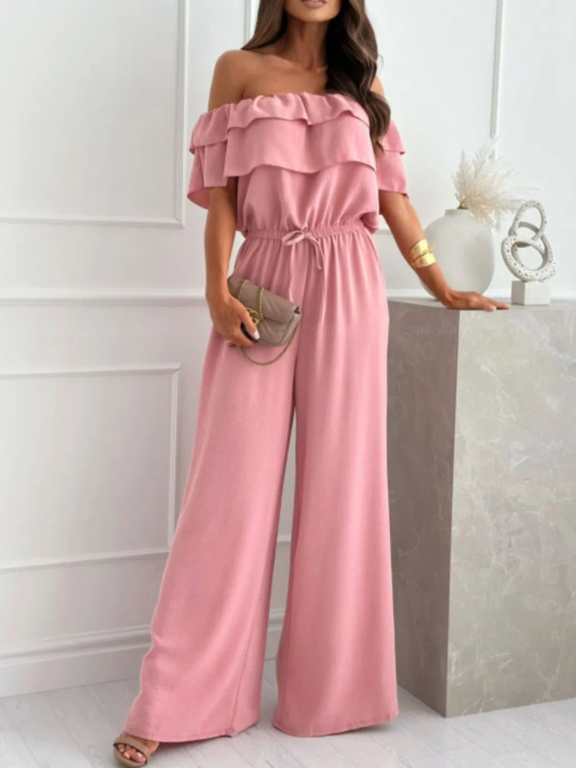 Off-Shoulder Ruffled Wide Leg Jumpsuit