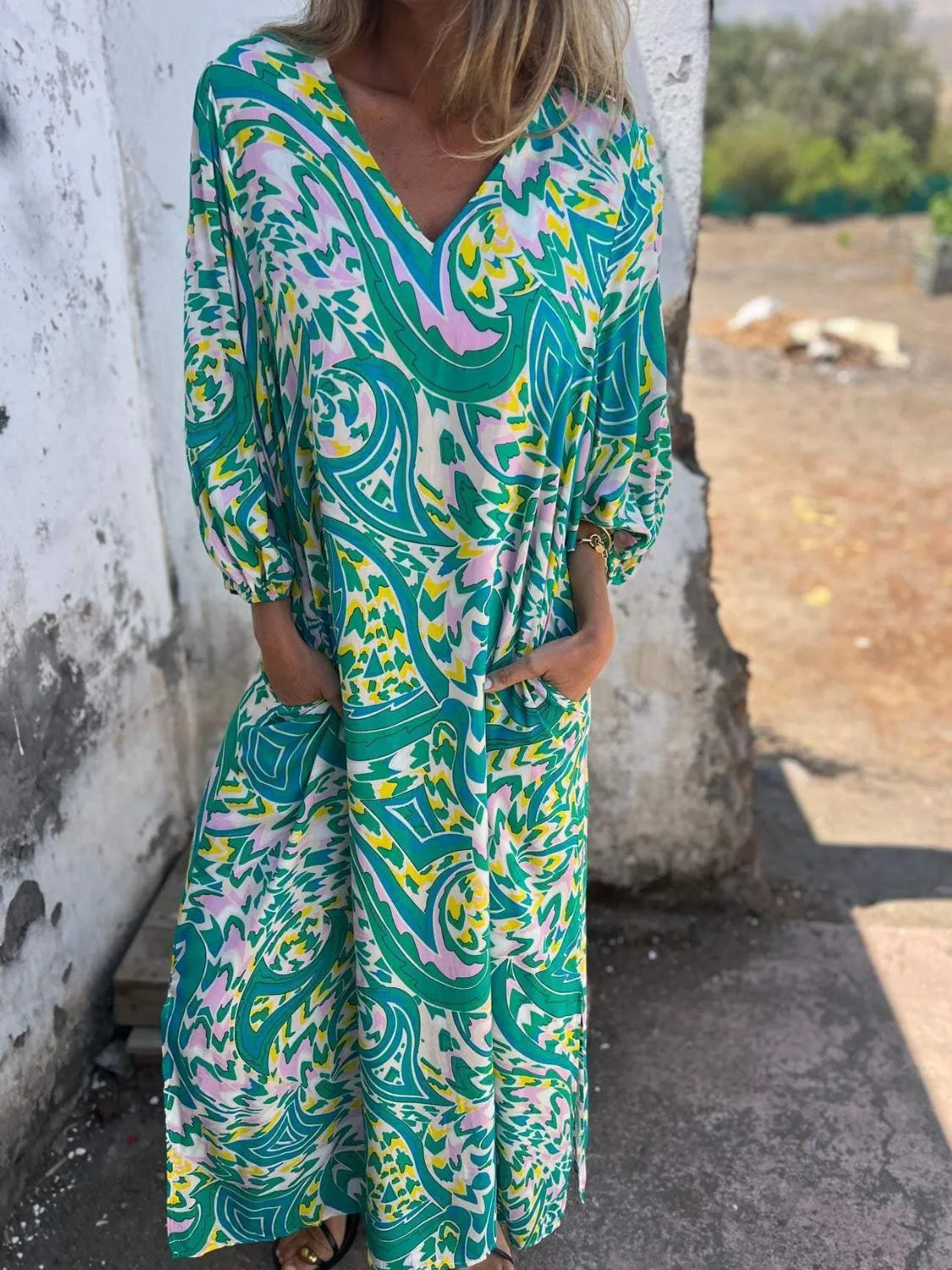 Full Size Printed V-Neck Dress with Pockets Plus Size