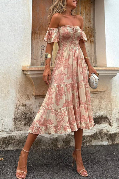 Midikleid mit Schulterausschnitten und romantischem Druck – Pitaya