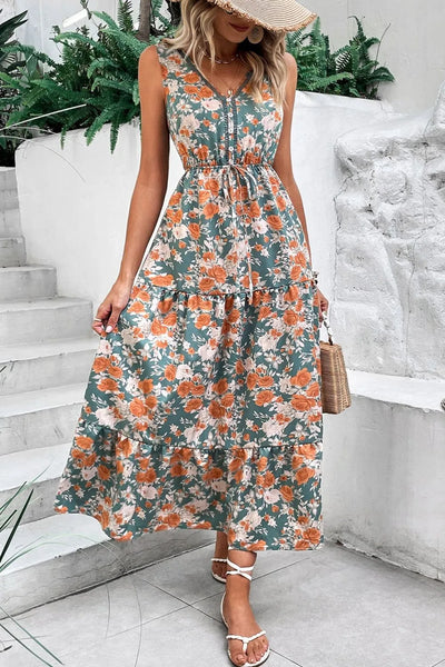 Floral Print Trimmed V Neck Tie Waist Sleeveless Dress