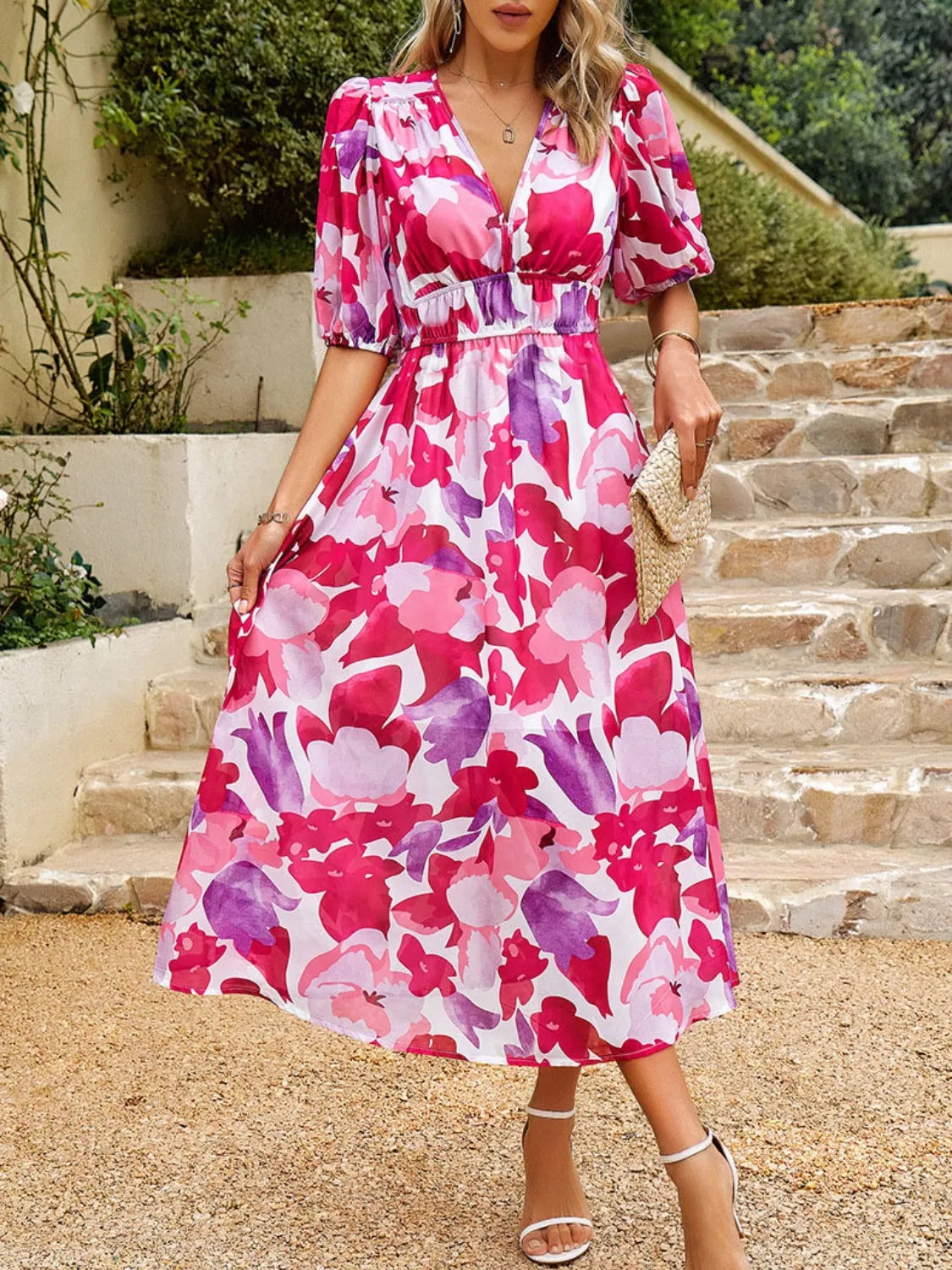 Printed Puff Sleeve Midi Dress