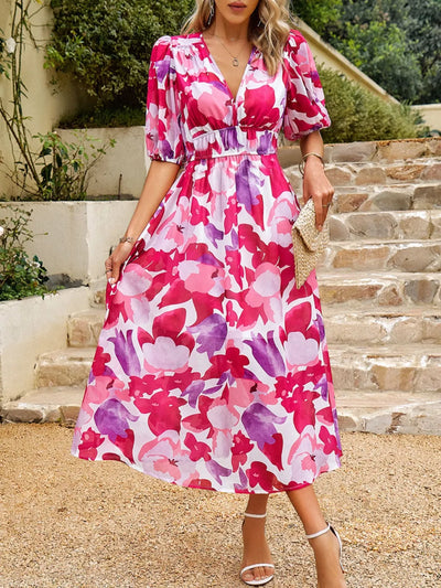 Printed Puff Sleeve Midi Dress