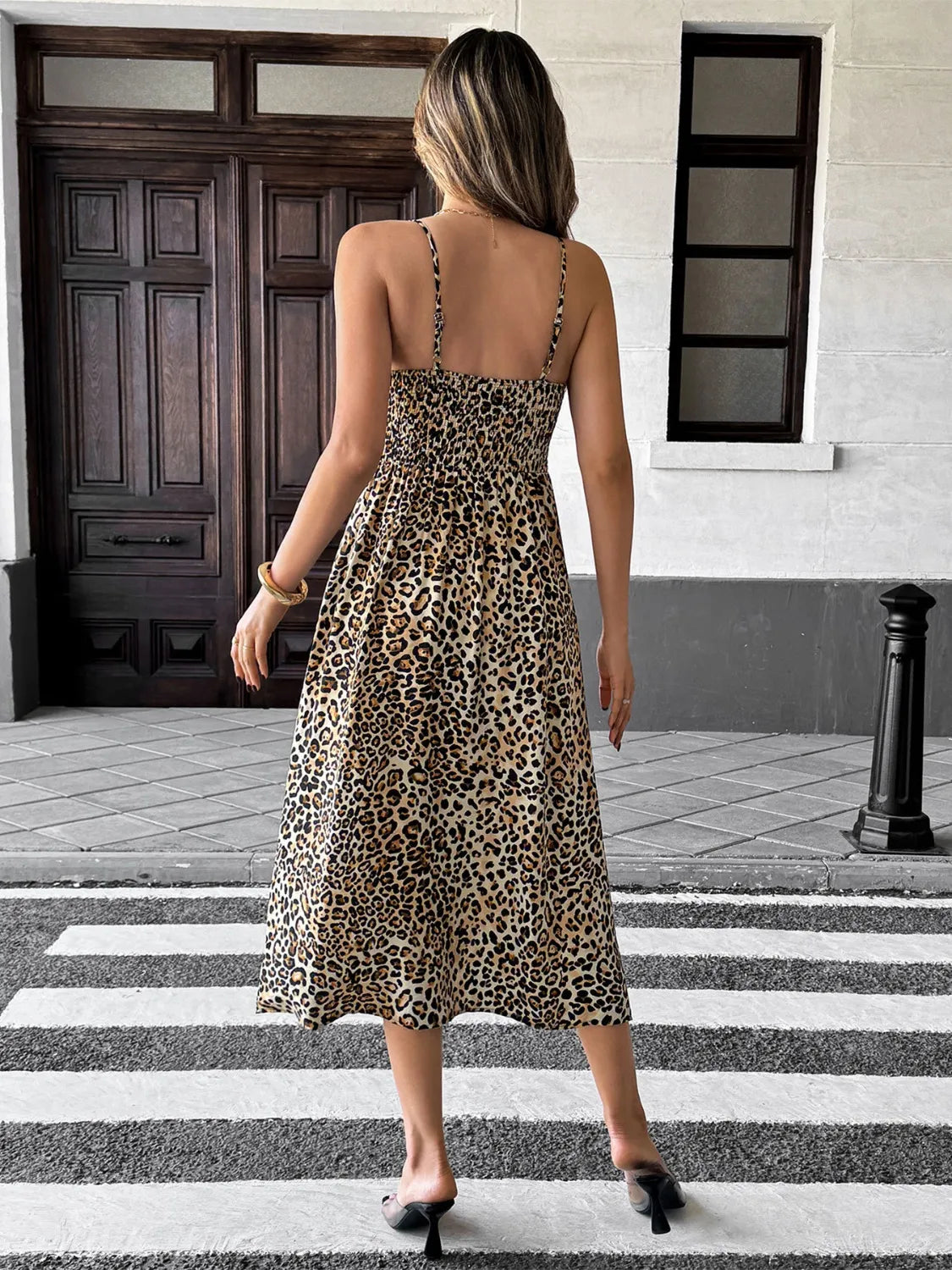 Smocked Leopard Midi Cami Dress