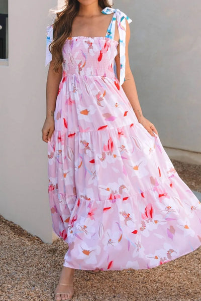 Floral Print Knotted Shoulder Smocked Maxi Dress