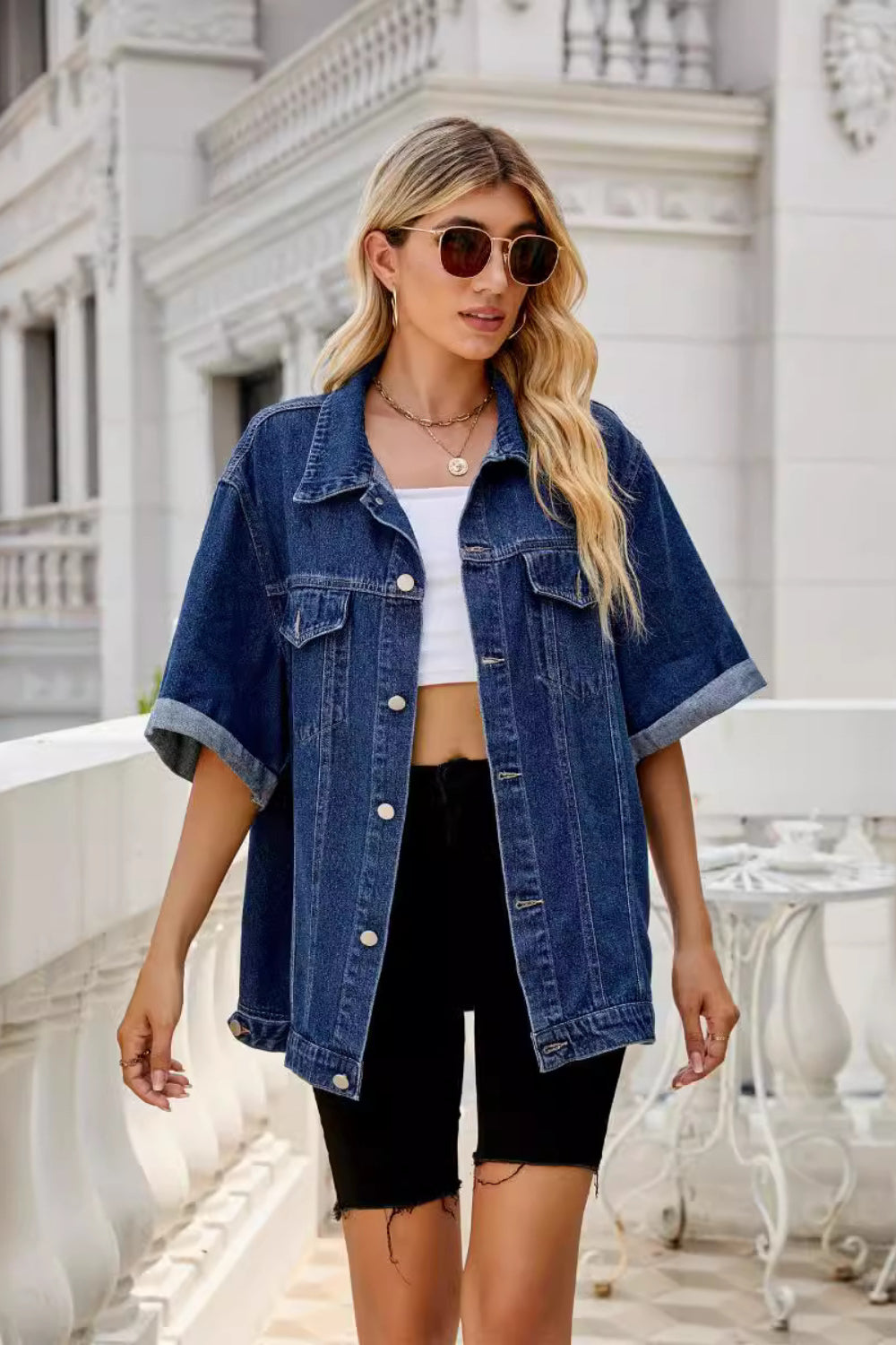 Button Down Half Sleeve Denim Jacket