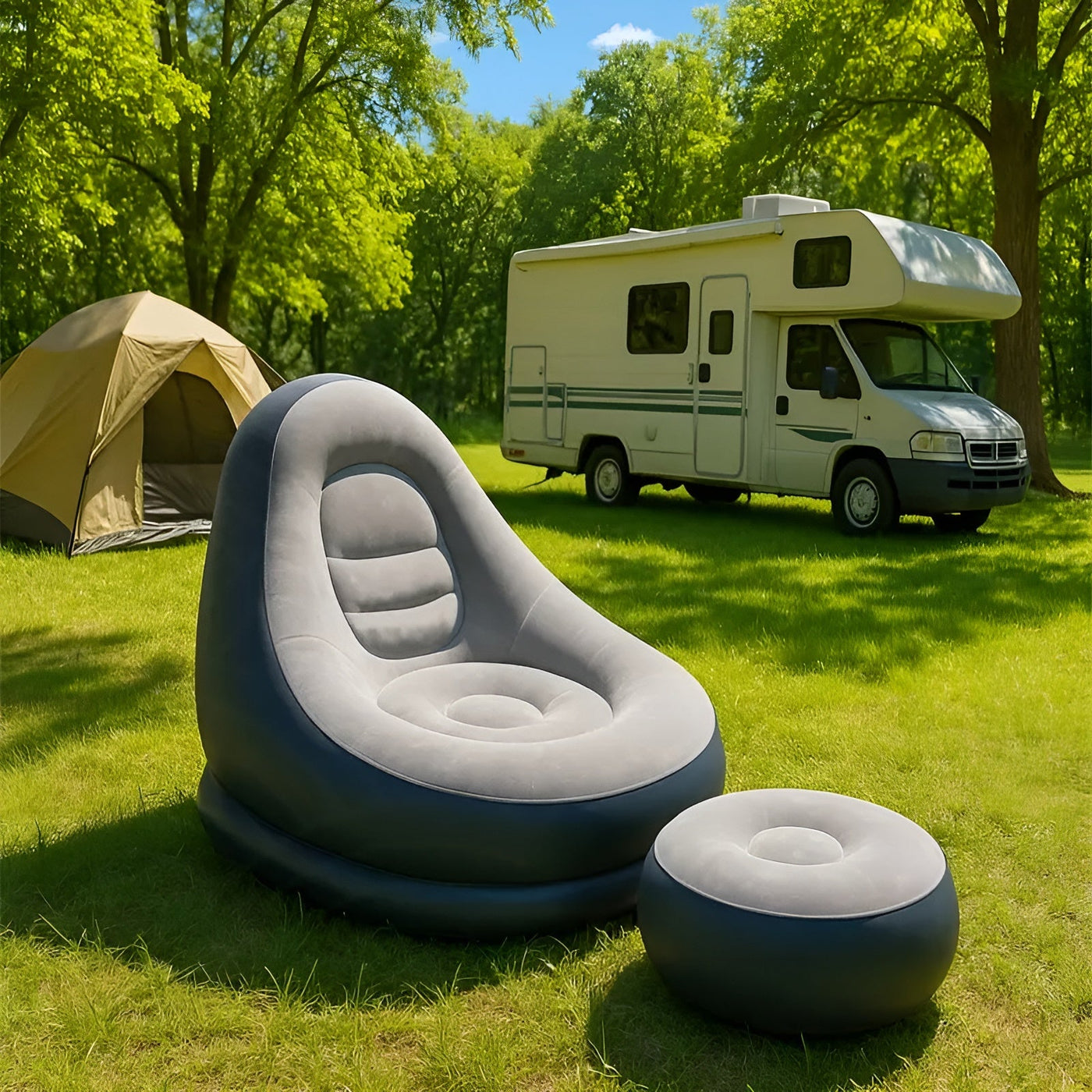 Aufblasbares Sofa mit Hocker– Schnell aufblasbar & ideal für Camping oder Wohnbereich