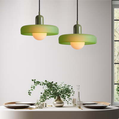 Bauhaus Pendelleuchte aus farbigem Glas für Esstisch – Moderne Hängeleuchte mit G9 Fassung, verstellbare Aufhängung, Ø25-35 cm
