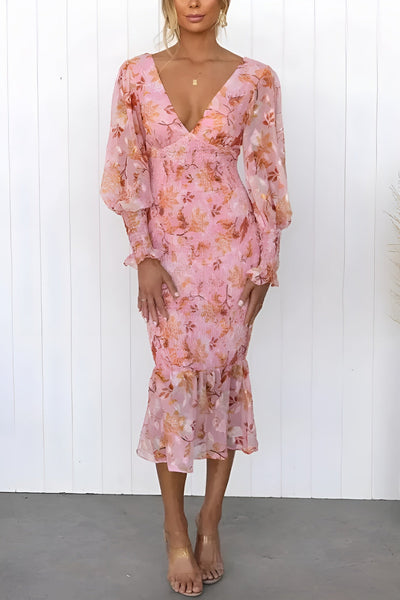 Nayra – Elegantes Kleid Mit V-Ausschnitt Und Blumenmuster