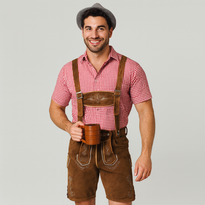 Herren Lederhose Braun – Echtes Trachtenleder mit Stickerei & Hosenträger für Oktoberfest
